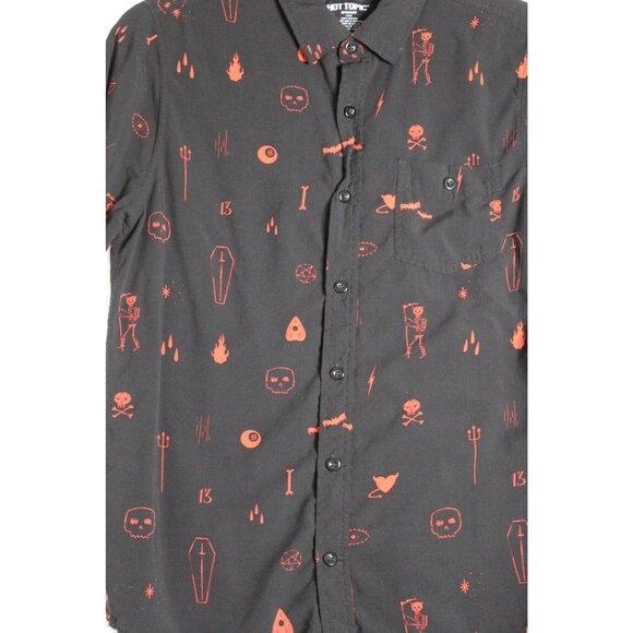 Hot Topic Black Short Sleeve Button Down Halloween Symbols Shirt Mens Medium - Picture 2 of 5